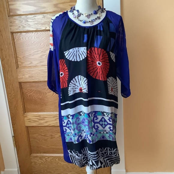 DESIGUAL Blue Multicolour Sheer Sleeve Dress Size 38 - Picture 2 of 16